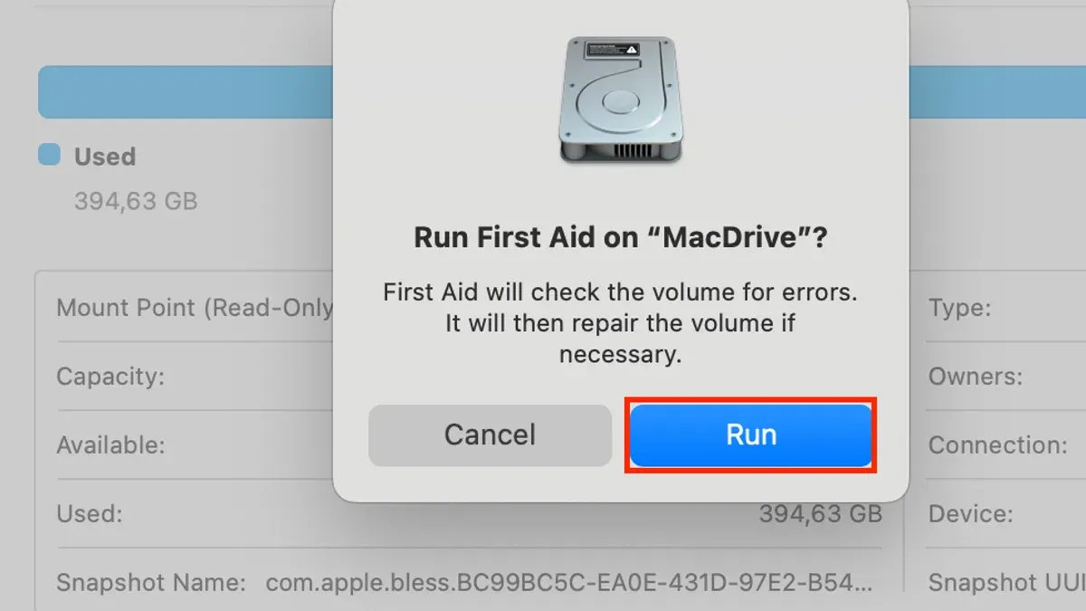 Run First Aid to Diagnose and Repair Disk Issues – how to fix external drive not mounting in Disk Utility