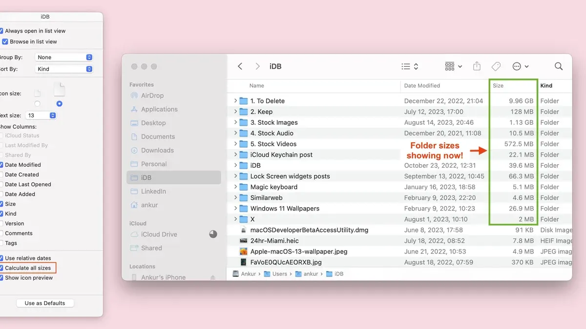 MacBook screen displaying how to calculate folder size in Finder on macOS accurately