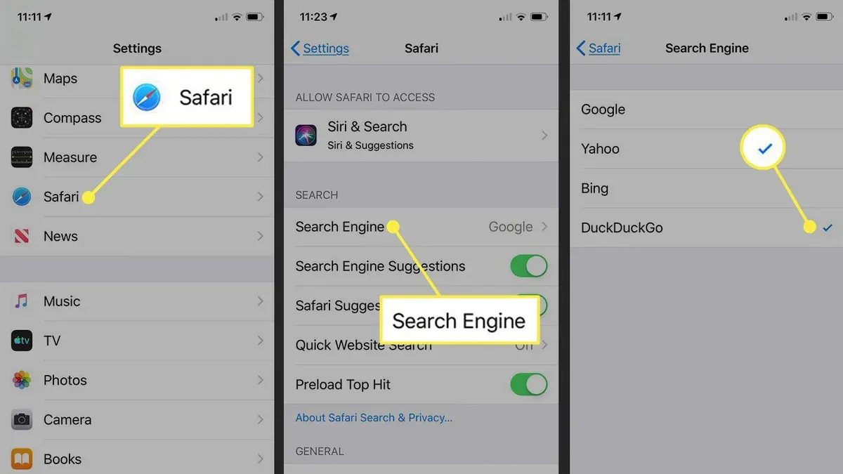 Person changing default search engine in Safari on Mac and iPhone
