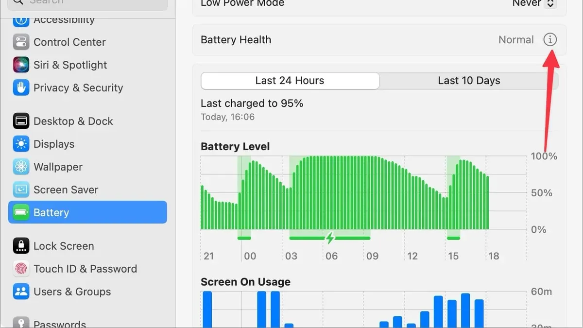 Person checking battery health on MacBook Pro M1 Pro screen showing battery info