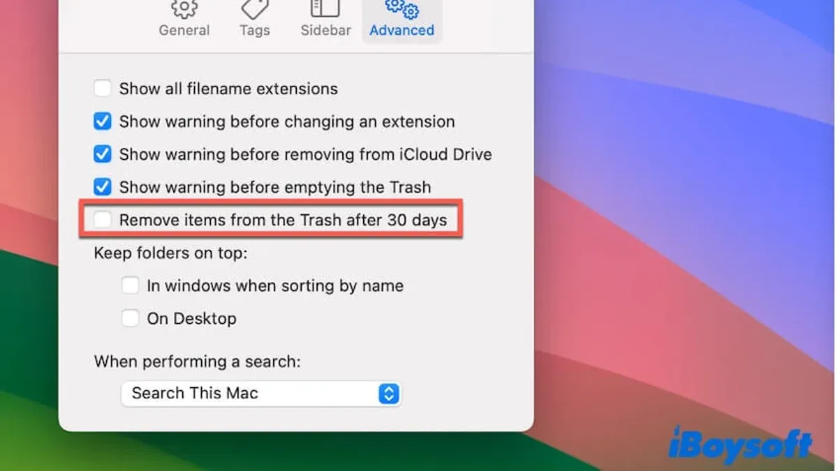 Mac screen displaying how to empty Trash automatically after 30 days in Finder on macOS