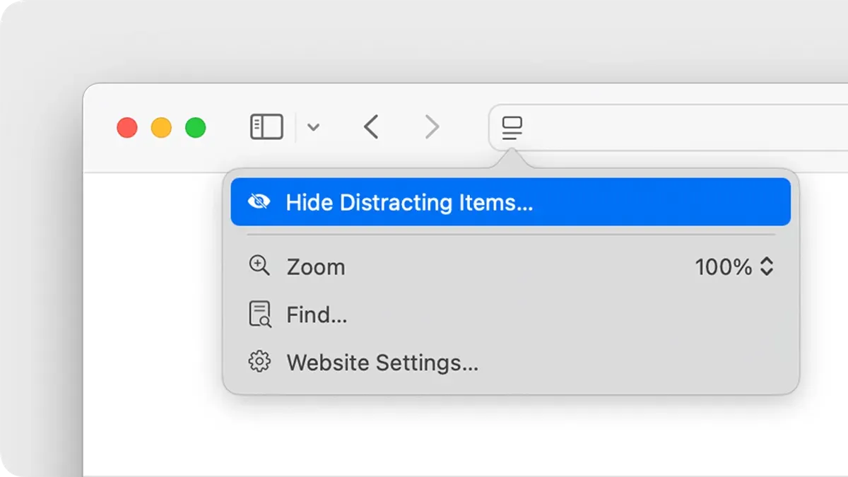 User hiding distracting items on a webpage in Safari for focused browsing