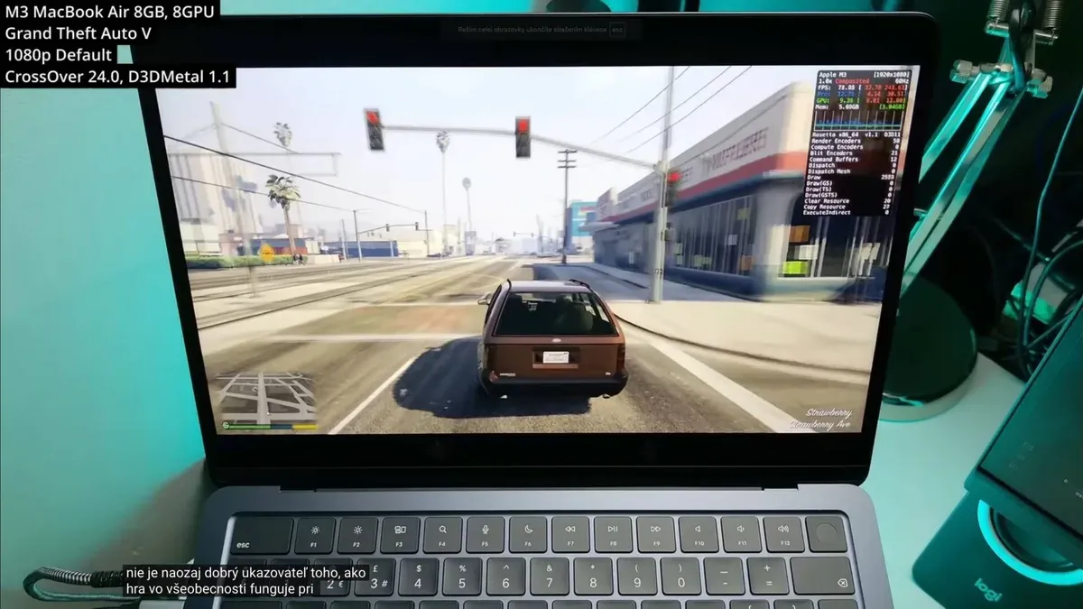 MacBook Air M3 playing GTA 5 showing gaming performance on screen