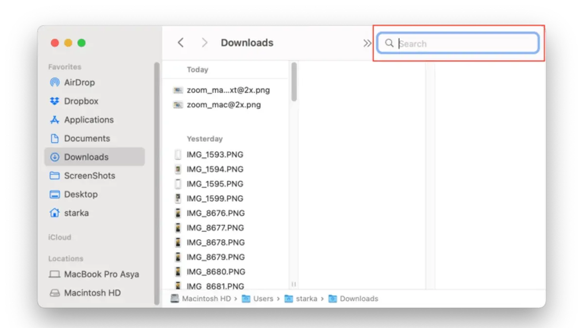 User performing a search inside file contents in Finder on macOS laptop