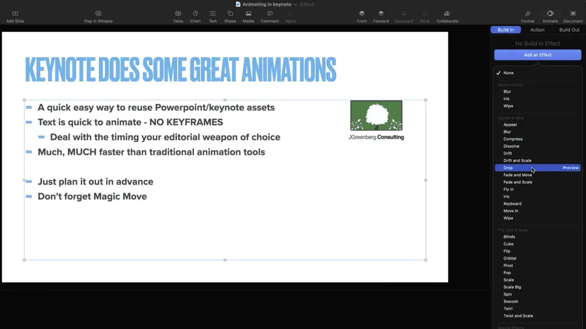 User adding animations in Keynote on a laptop for an engaging presentation