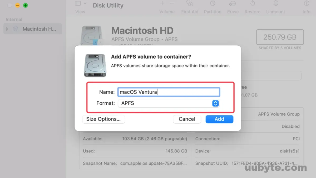 How to add an APFS volume in Disk Utility on a MacBook screen