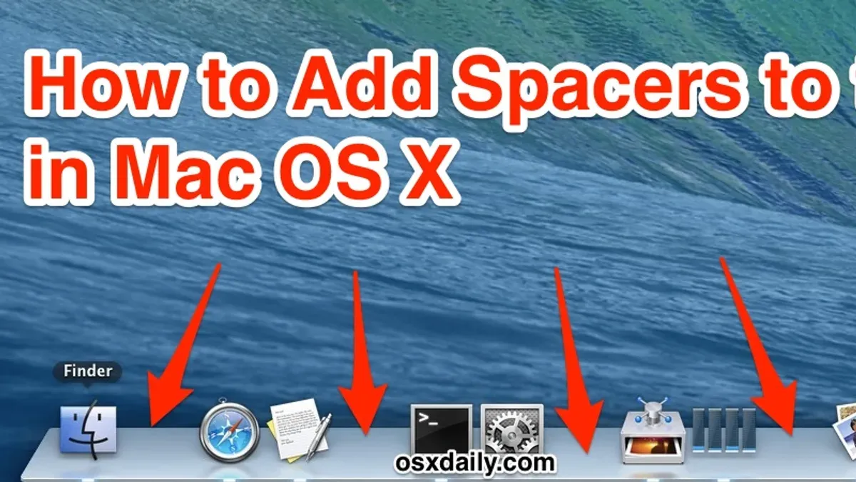 Mac screen showing how to add a spacer to the Dock using Terminal commands
