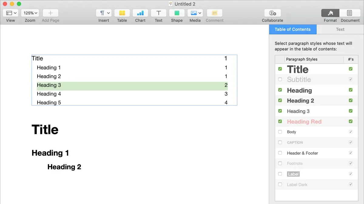 Screen showing how to add a table of contents in Pages on a Mac