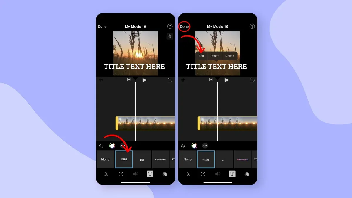 Person adding text titles in iMovie on laptop screen