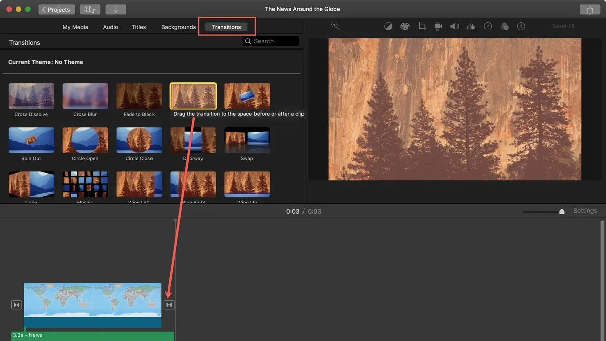 Editing video with how to add transitions in iMovie on laptop screen