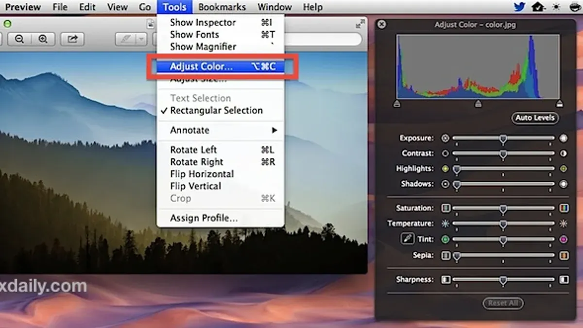 How to adjust image colors in Preview on a Mac using color adjustment sliders