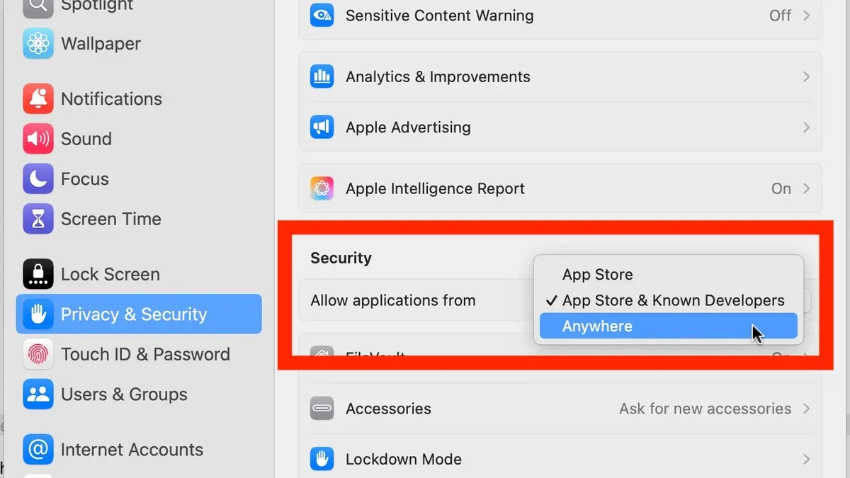 MacBook displaying how to allow apps from anywhere on Mac in Security & Privacy settings