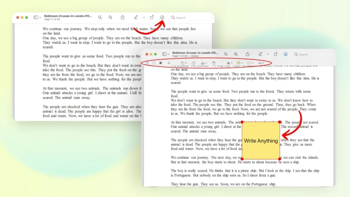 Annotate a PDF in Preview on a MacBook screen with highlights and notes visible
