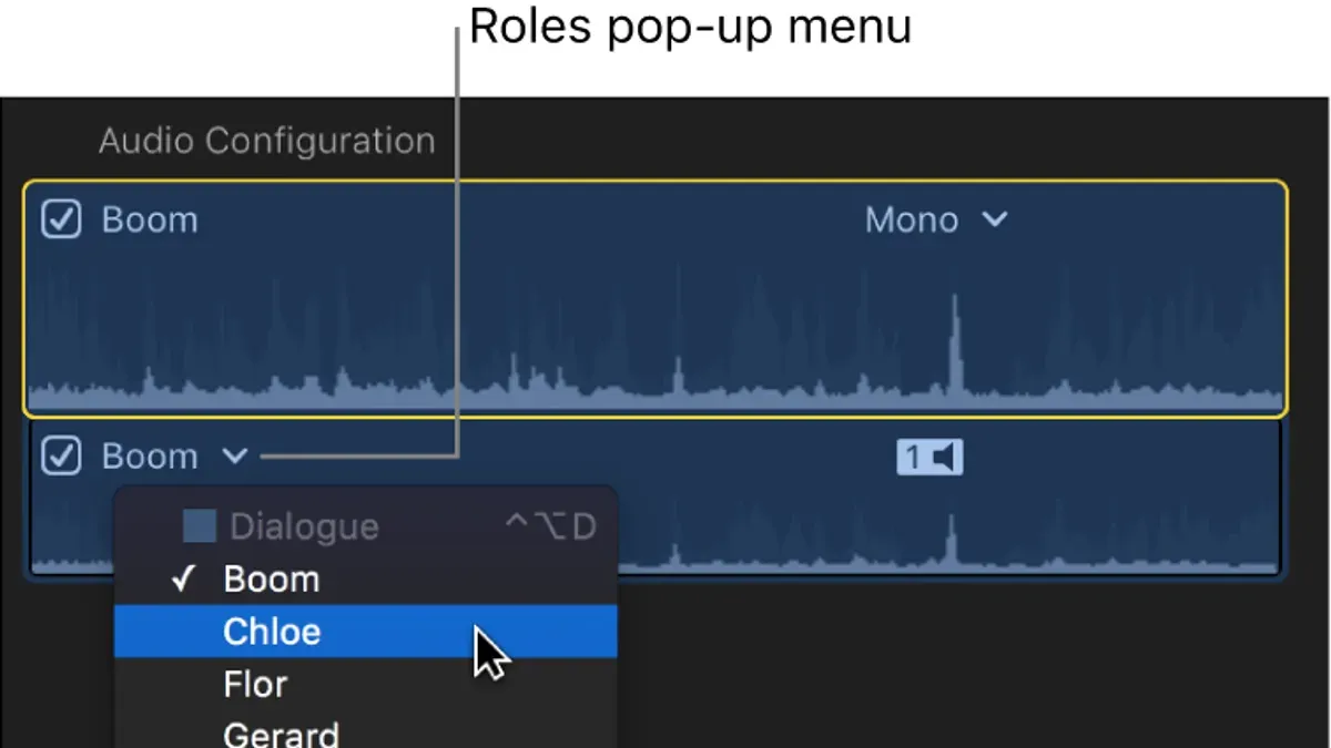 Final Cut Pro interface showing how to assign audio roles in the timeline