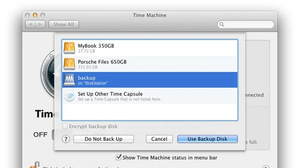 Mac backing up to a Synology drive using Time Machine setup on screen