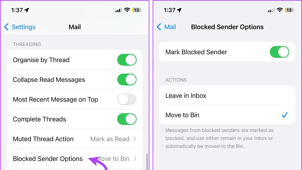 User blocking a sender in Mail app on iPhone to stop unwanted emails
