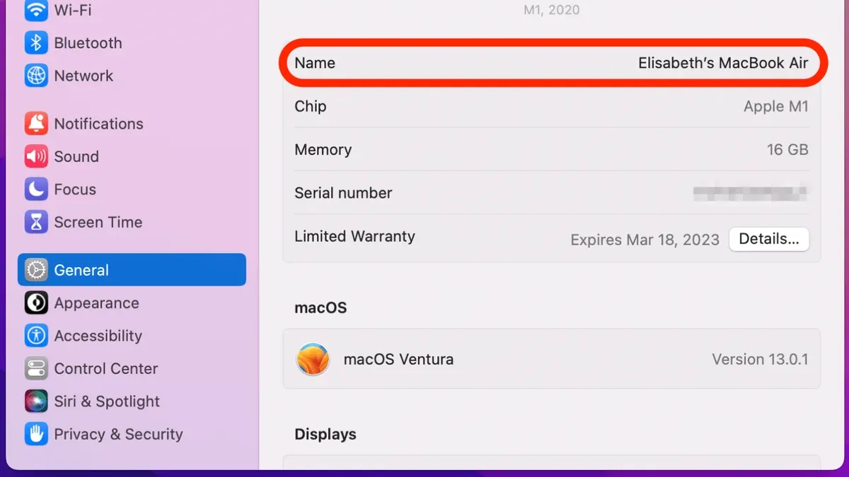 How to change AirDrop name on Mac shown on MacBook screen in System Settings