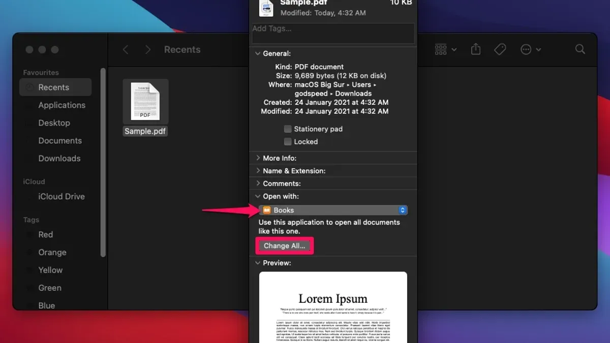 Mac screen displaying how to change the default app for a file type on Mac