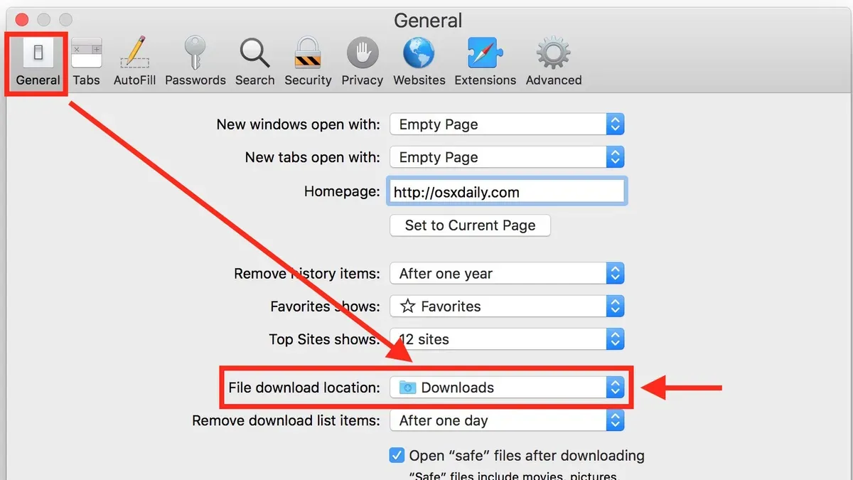 Screenshot of Safari browser showing how to change download location in Safari on Mac