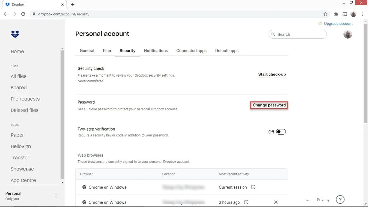 How to change Dropbox password shown on laptop and smartphone screens