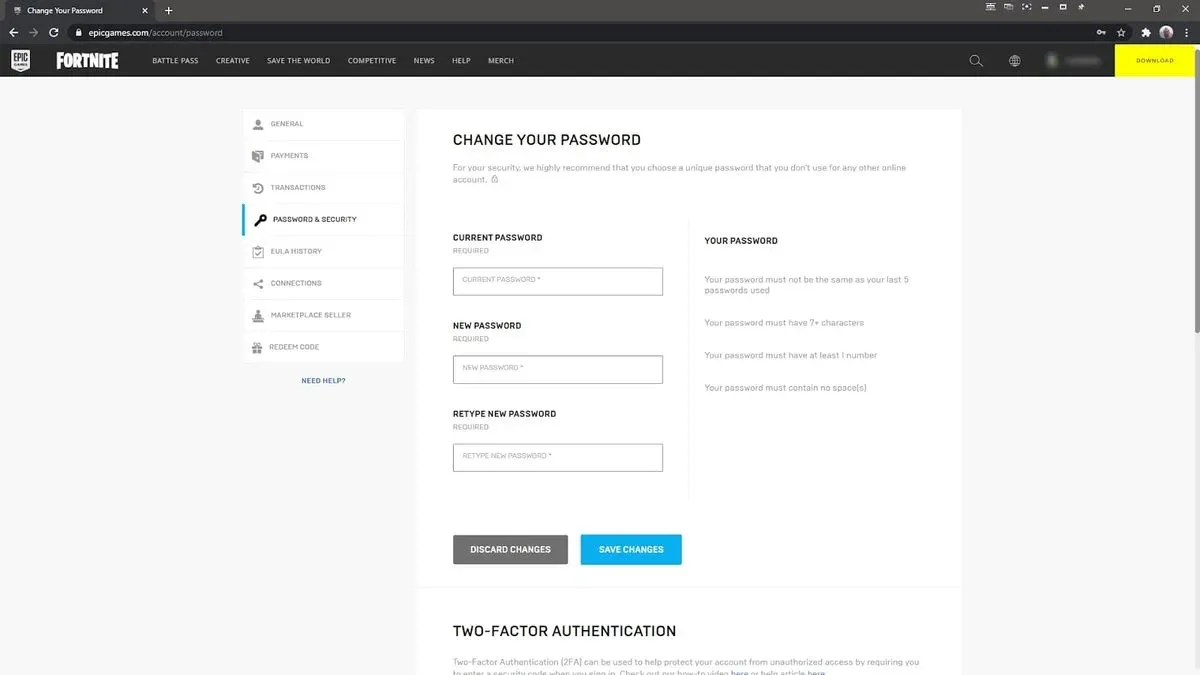 User changing Fortnite password on gaming console showing Fortnite password settings