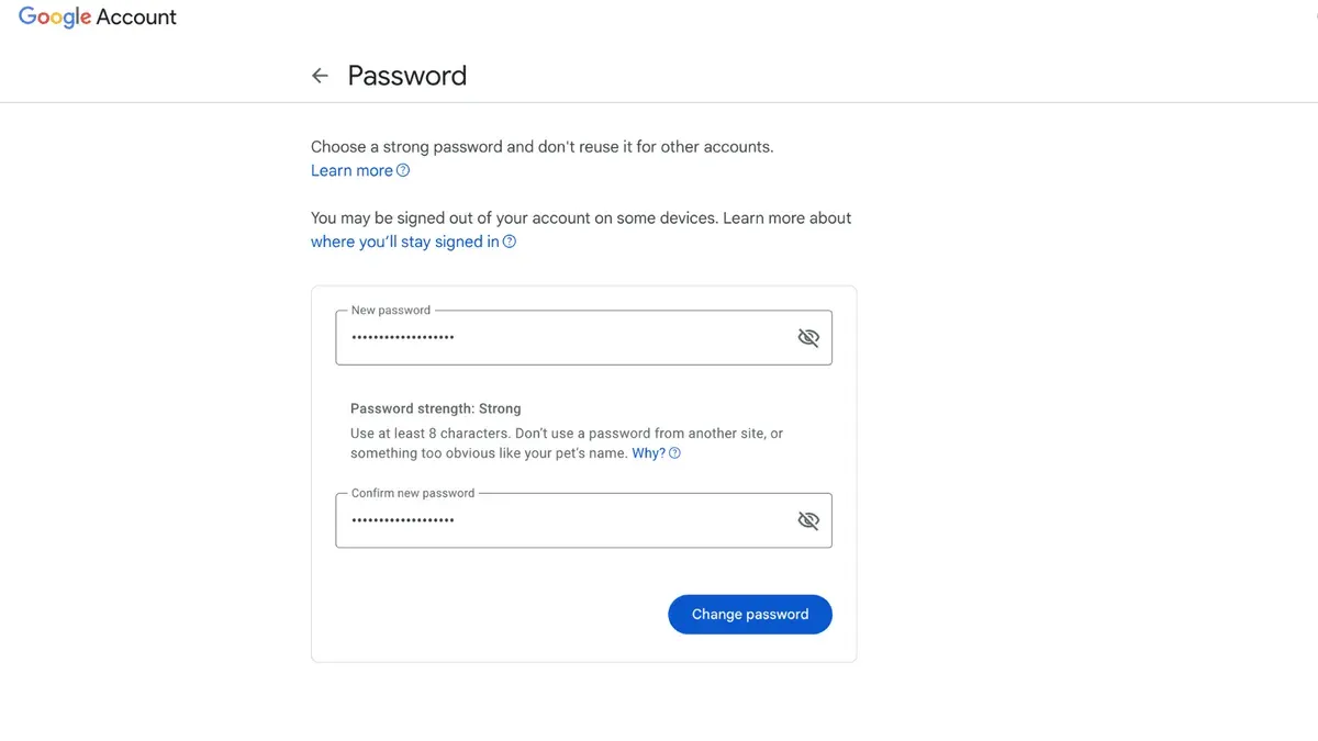 User changing Google Drive password on laptop with Google Account security settings visible