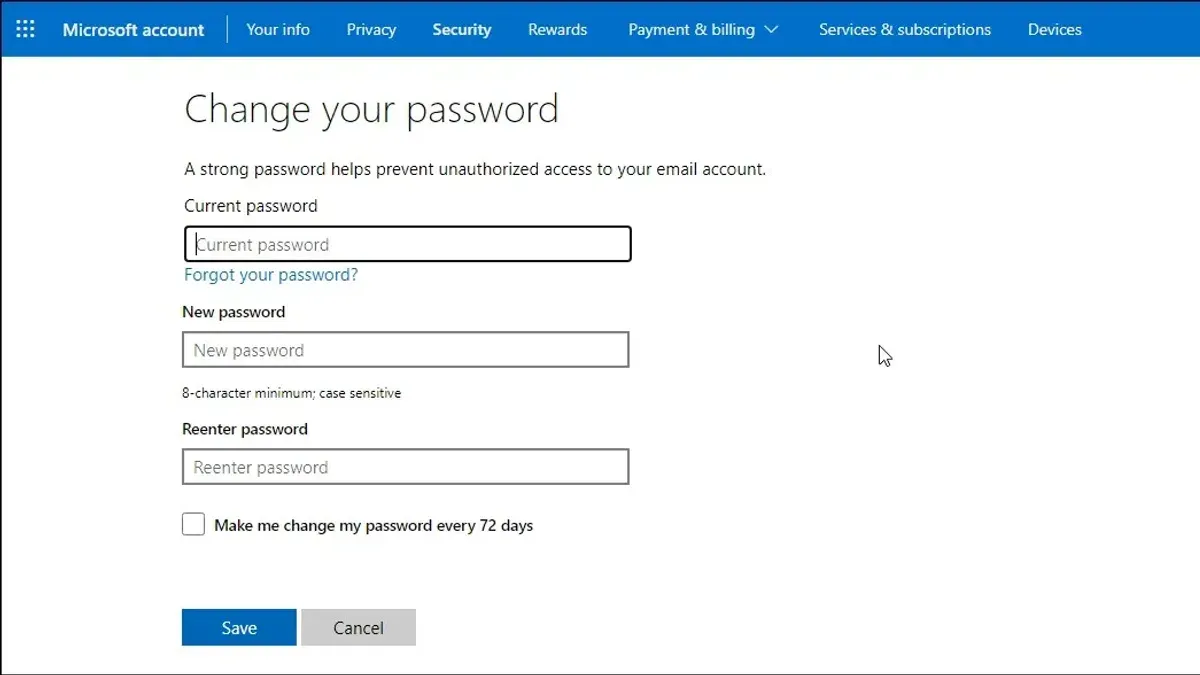 Person changing Microsoft account password on laptop with clear instructions