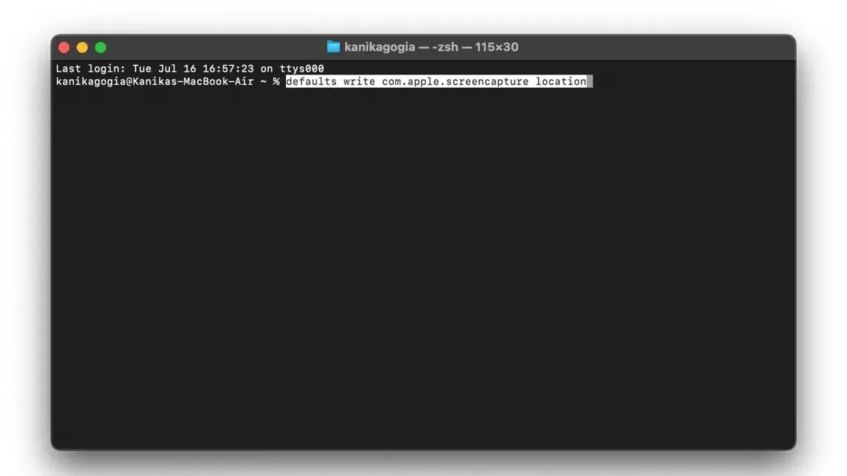 Mac Terminal window showing how to change screenshot location with defaults write command
