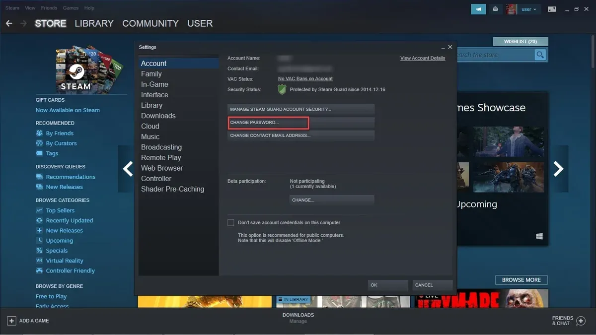 User changing Steam password on laptop for account security