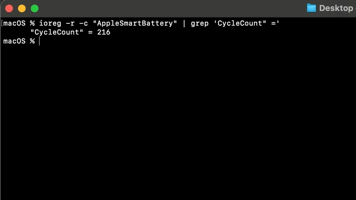 MacBook screen showing Terminal window with battery cycle count command