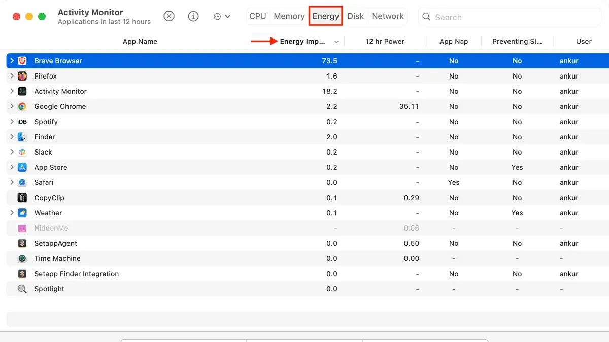 MacBook screen displaying how to check energy impact of apps in Activity Monitor