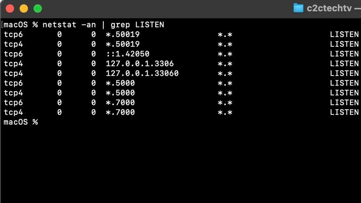 Mac Terminal window showing commands to check open ports in Mac Terminal