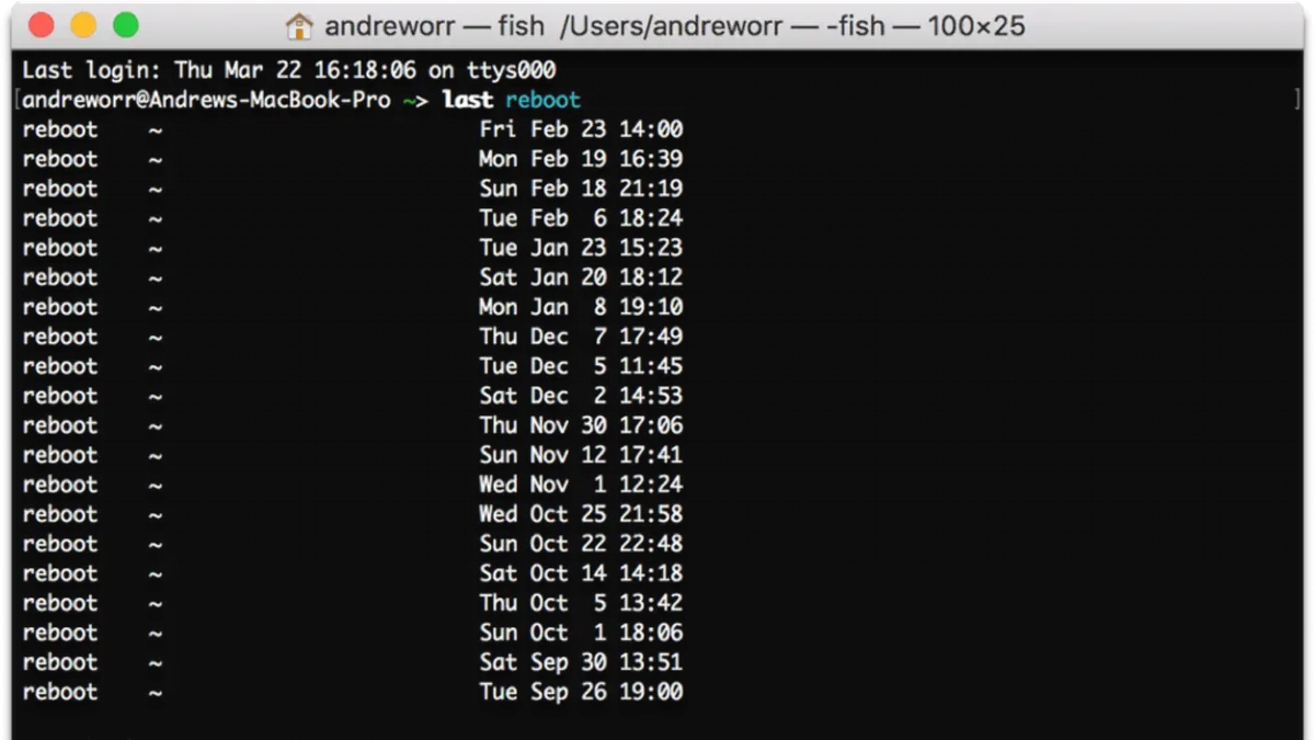 Mac Terminal window displaying how to check uptime in Mac Terminal