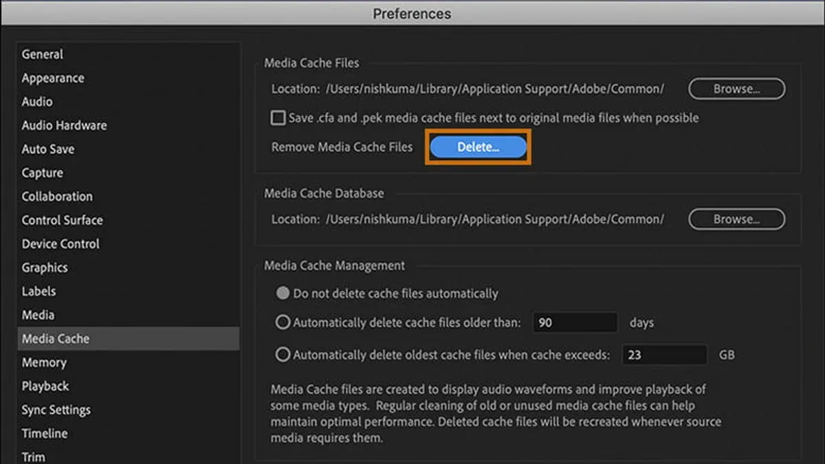 MacBook displaying how to clear media cache in Premiere Pro on Mac