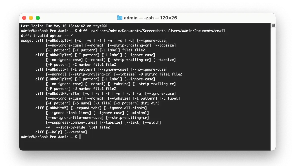How to compare two files with diff in Mac Terminal shown on MacBook screen