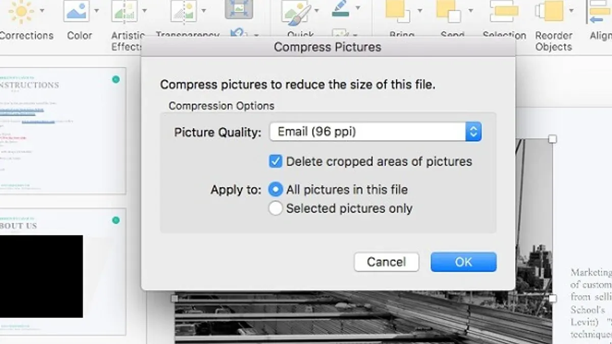 How to compress pictures in PowerPoint on Mac with compression options on screen
