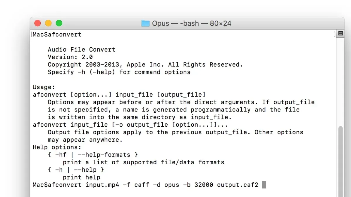 Mac Terminal window displaying how to convert audio with afconvert command