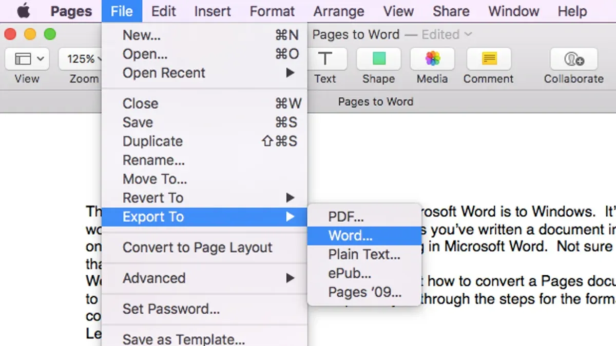 How to convert Pages to Word in Pages shown on a MacBook screen