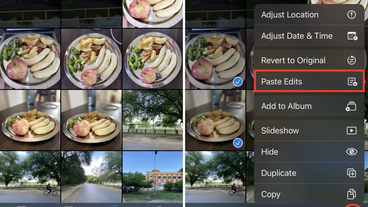 How to copy edits to multiple photos in Photos app on iPhone screen