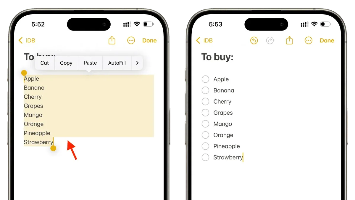 User creating a checklist in Notes app on iPhone screen