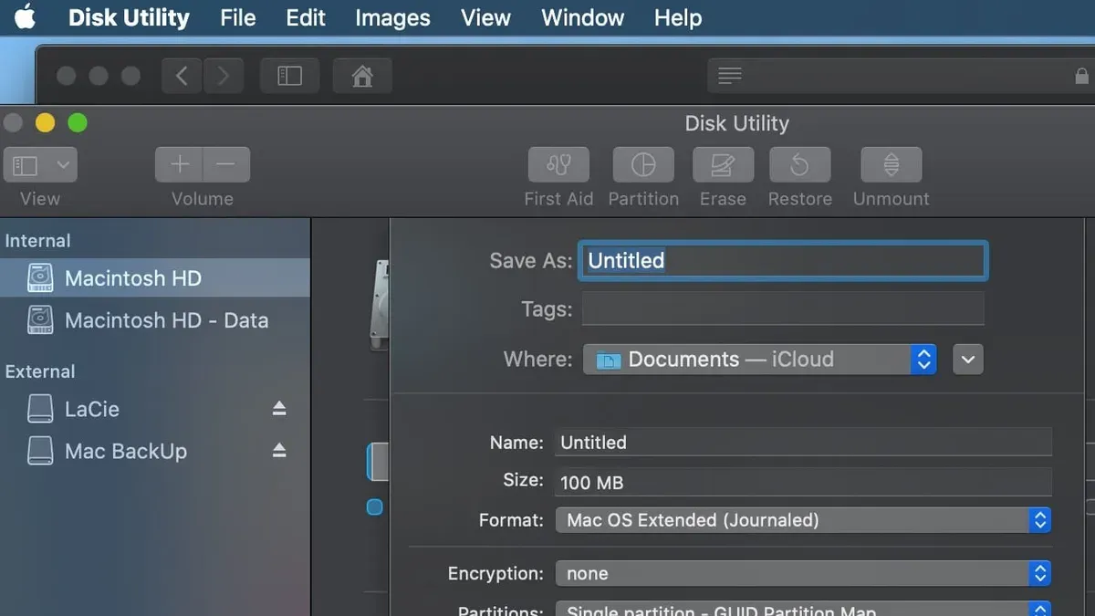 How to create a disk image in Disk Utility on a MacBook screen