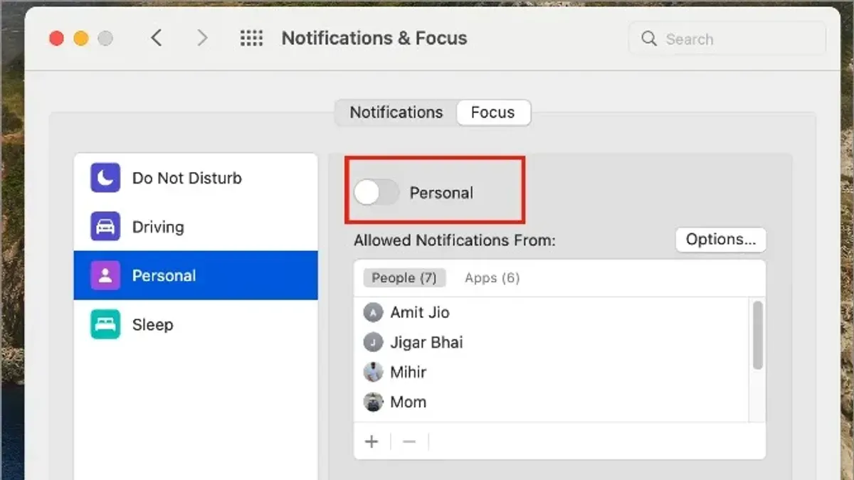 Mac screen showing how to create a Focus mode for work on Mac with notifications minimized