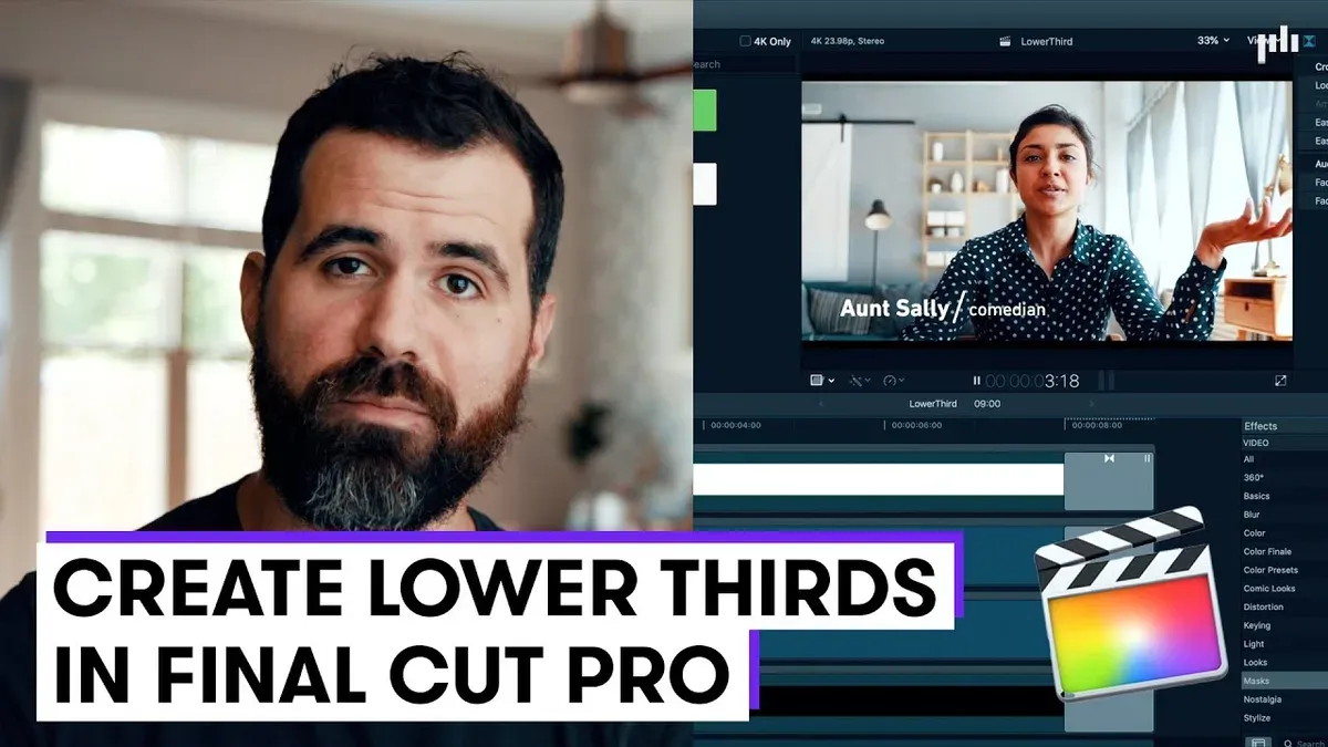 Video editor creating lower thirds in Final Cut Pro on a Mac computer