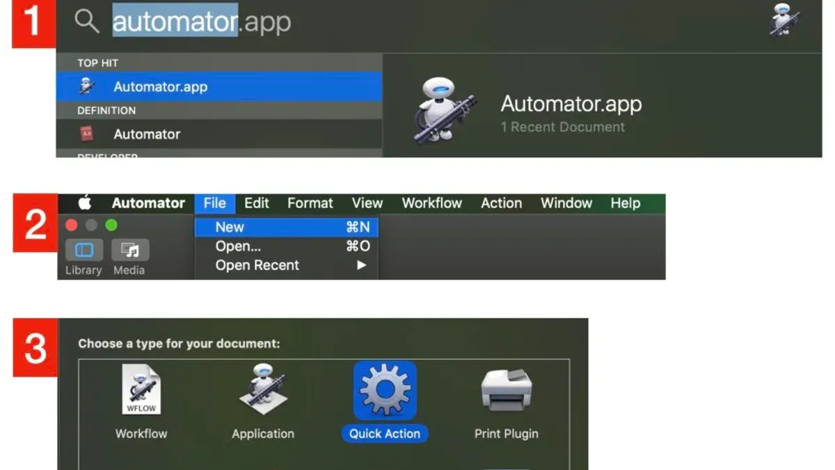 Creating a quick action in Automator on a MacBook screen