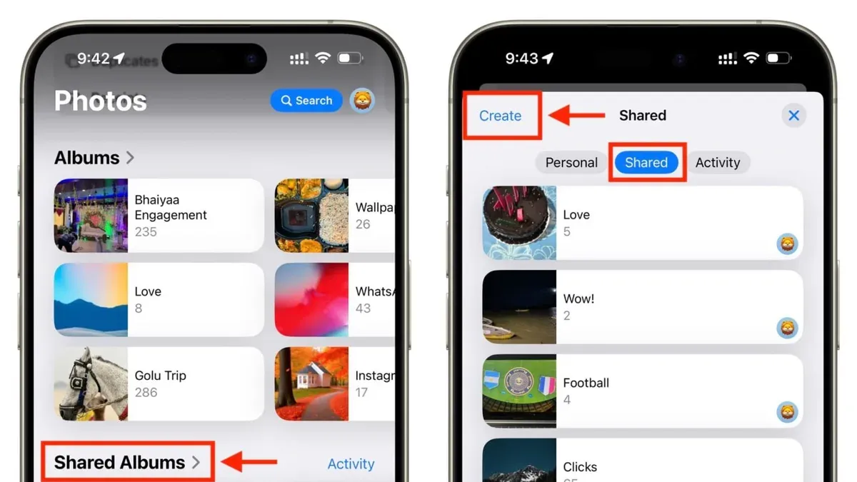 How to create a shared album in Photos app shown on smartphone screen