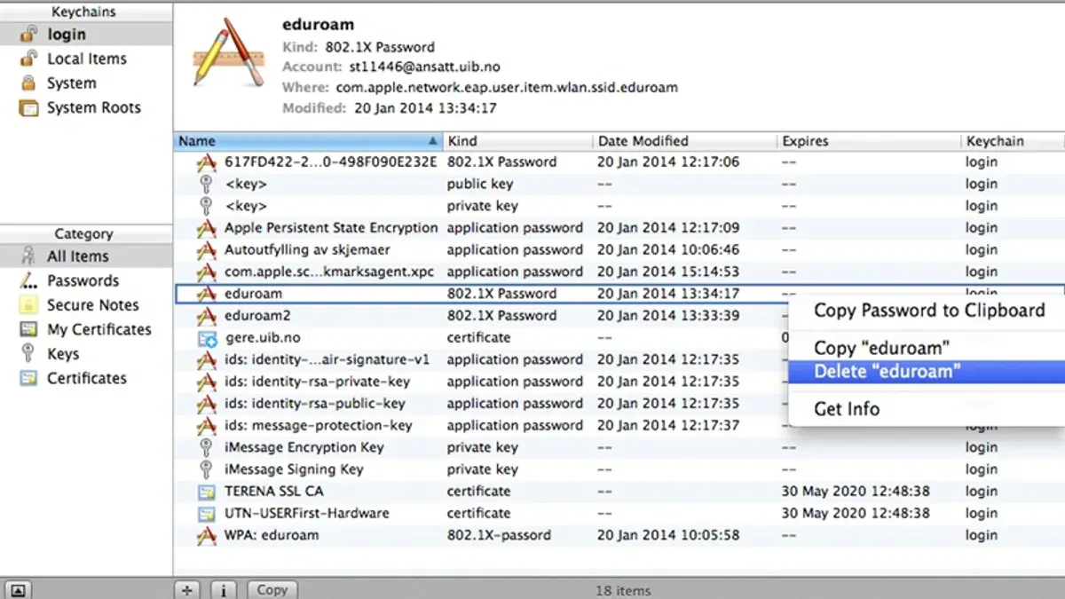 How to delete a keychain entry in Keychain Access on MacBook screen
