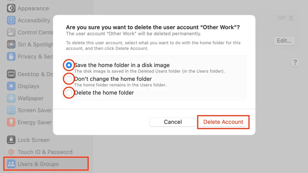 How to delete a user account on Mac shown on MacBook screen