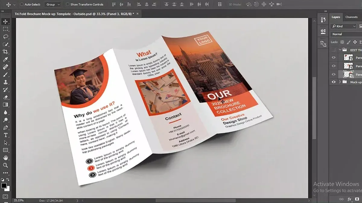 User designing a professional brochure in Pages on a Mac screen