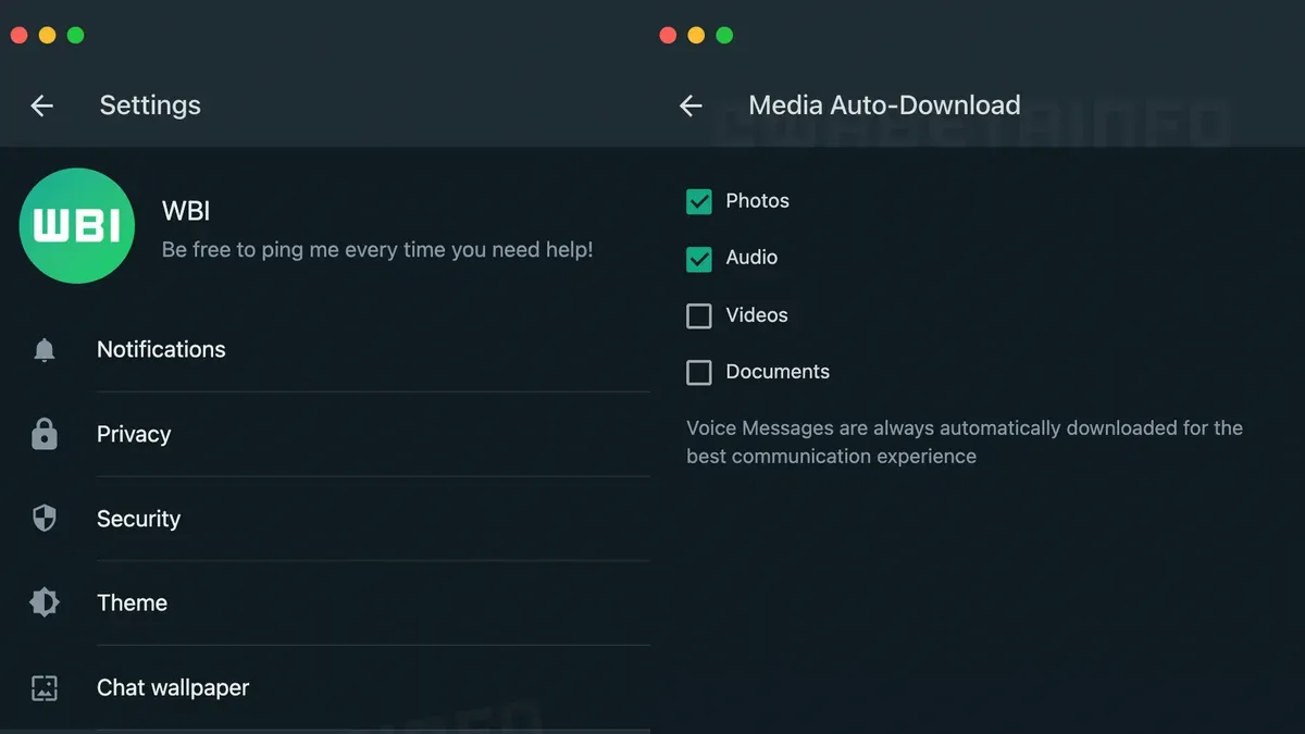 WhatsApp Desktop on Mac showing how to download media automatically