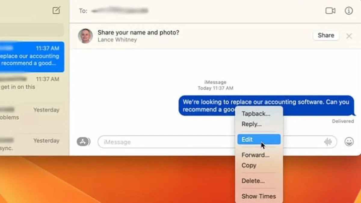 How to edit a sent message in Messages on Mac shown on laptop screen